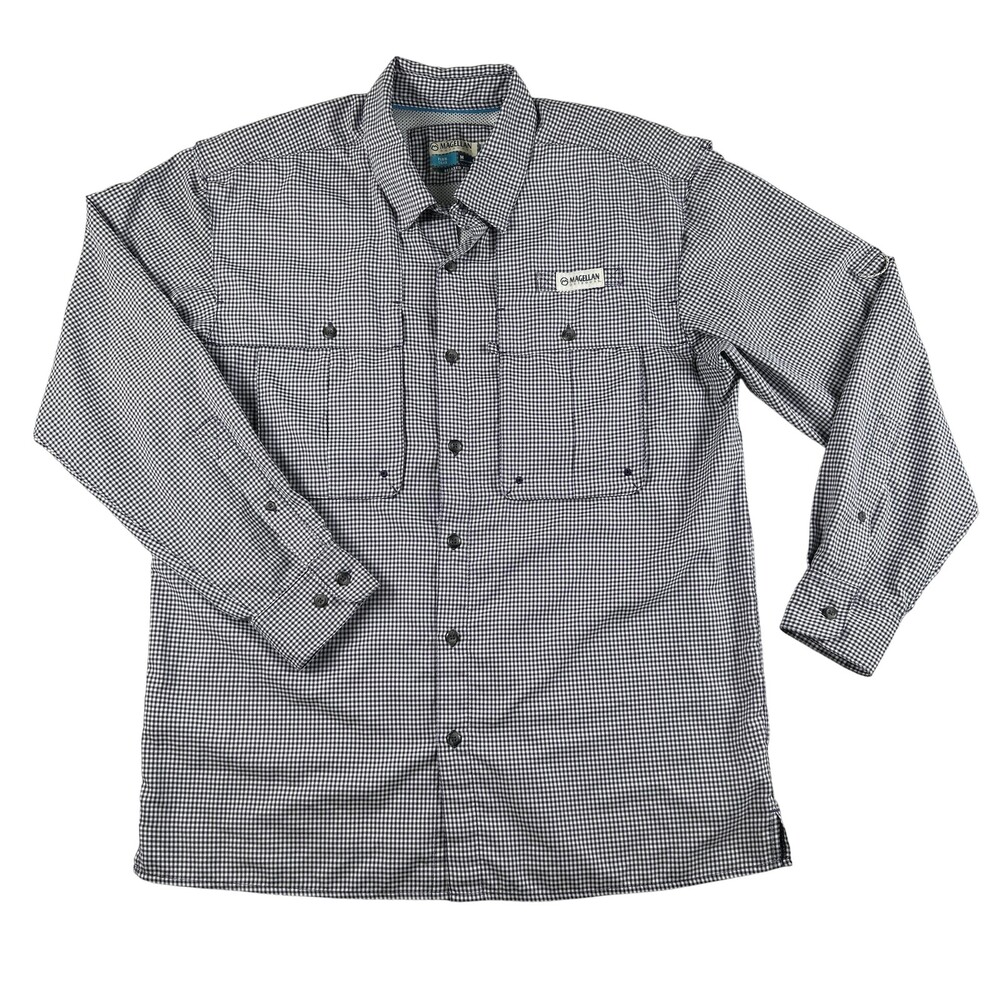 Magellan Outdoors Fish Gear Shirt Mens Medium Purple Gingham Long Sleeve Fishing